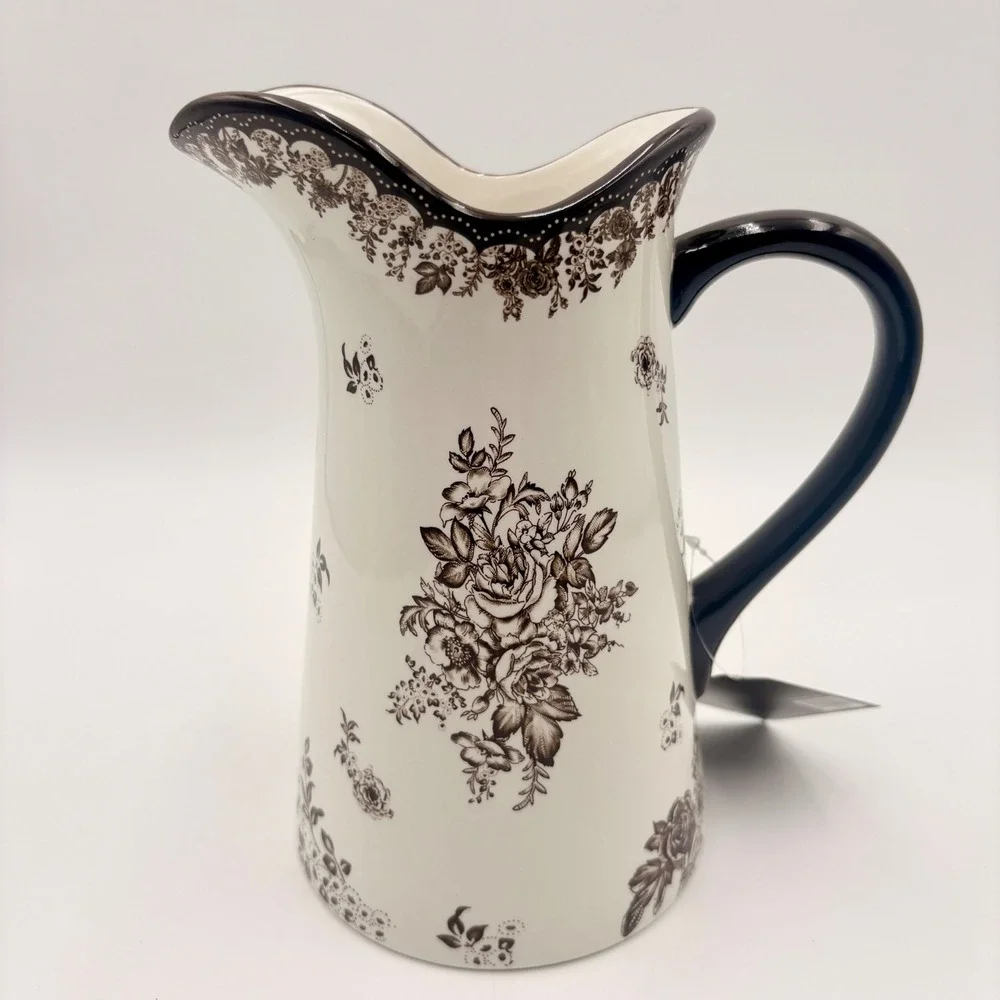 Robert Stanley Fall Classics Brown White Floral Toile Ceramic Pitcher Scalloped